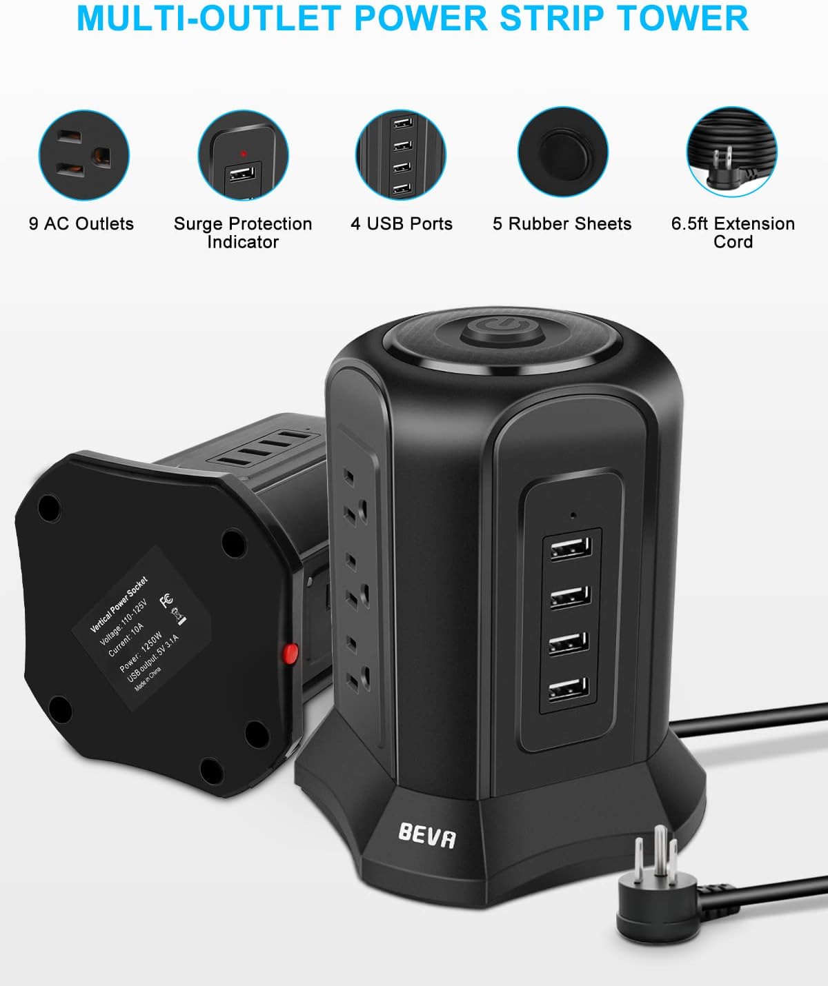Power Strip Tower Surge Protector BEVA 10ft Flat Plug Desktop Charging Station 9 AC Outlets 4 USB Ports, 900 Joules, Long Extension Cord for Home Office Appliances Smartphones Computer Tablets(Black) - Image 4